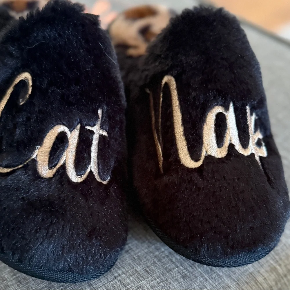 Women Slippers, New House Shoes, Black Brown Gold Embroidered Cat Nap Slippers